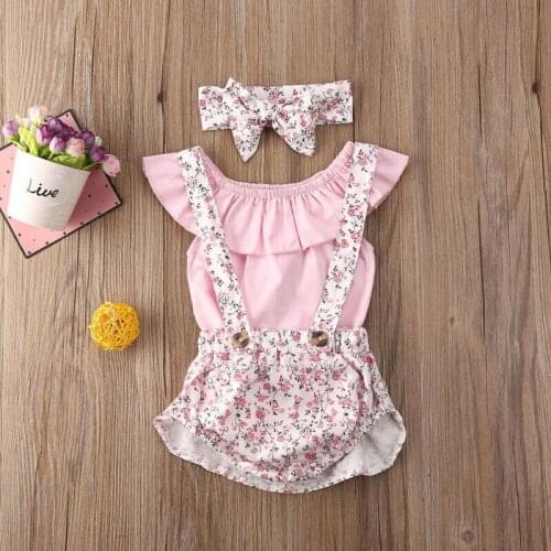 2020 Infant Newborn Baby Girls Short Sleeves Lace Sunsuit Floral Jumpsuit Bodysuit Playsuit Flower Headband Casual Outfit