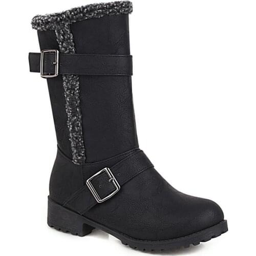 Vintage Belt Buckle Thick-Heeled Beige Mid-Calf Boots Low-Heeled Fluffy Khaki Sleeve Boots Large Size Womens Shoes