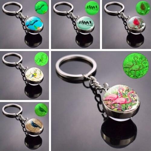Glowing Blue Birds on A Branch Glass Ball Keychain Luminous Ball Pendant Pink Flowers Key Rings Jewelry Fashion Accessories Gift