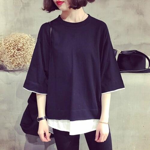 Black White Loose Patchwork T Shirt Casual Fake Two Piece Patchwork Fashion Ins Casual Solid T Shirt for Girls Black Gray Color
