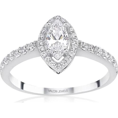 Valori Jewels 0.50 Carat, Zirconia White Marquise And Round Gemstone, Rhodium Plated, Solitaire Ring