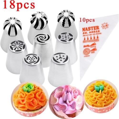 18PCS Torch Russian Tulip Icing Piping Nozzles Stainless Steel Flower Cream Pastry Tip Kitchen Cupcake Cake Decorating Tools