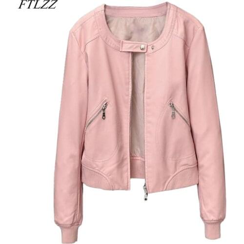 FTLZZ Faux Leather Jacket Women O-neck Zipper Casual Jacket Female Short Jacket Coat Plus Size S-4xl Motor Jackets