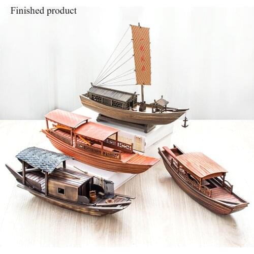 Chinese Traditional Wood Dark-awninged Boat Model Jiangnan Water Township Handmade Retro Wooden Boat Small Fishing Boat Models