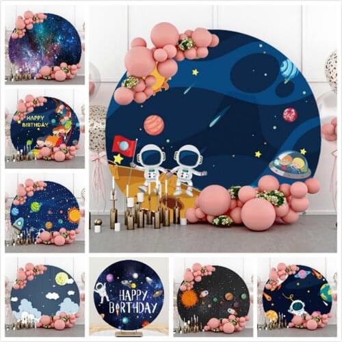 DAWNKNOW Round Circle Elastic Photography Background Backdrop Cartoon Space Astronaut Birthday Party Decoration Photo Studio
