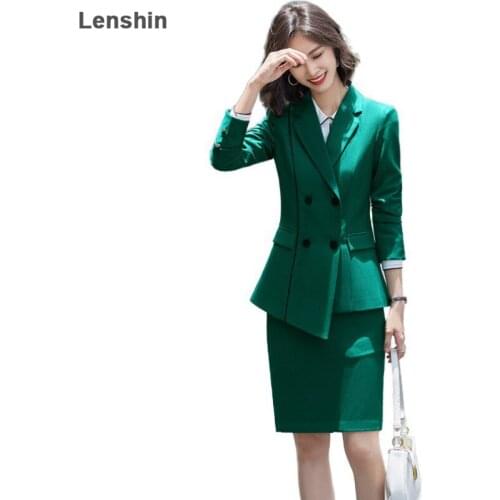 Lenshin 2 Piece Elegant Formal Green Skirt Suit Fashion Asymmetry Blazer Office Lady Uniform Designs Women Business Sets