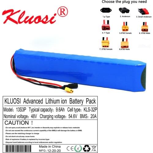 KLUOSI 13S3P 48V 9.6Ah 10Ah 250W 450W 750W 54.6V Lithium Rechargeable Battery Pack Built-in 20A BMS for Scooter Ebike Motor XT60