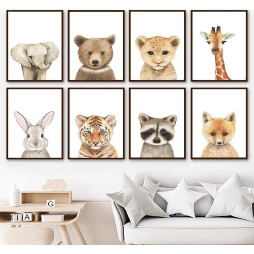 Cute Elephant Giraffe Rabbit Fox Lion Bear Nursery Wall Art Print Canvas Painting Nordic Poster Decor Pictures Baby kids Room