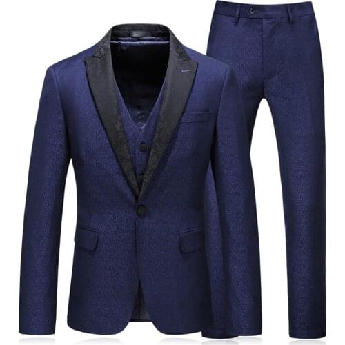 Fashion Men Suits With Printed Brand Navy Blue Mens Floral Blazer Designs Slim Fit Suit Jacket Wedding 3 Piece