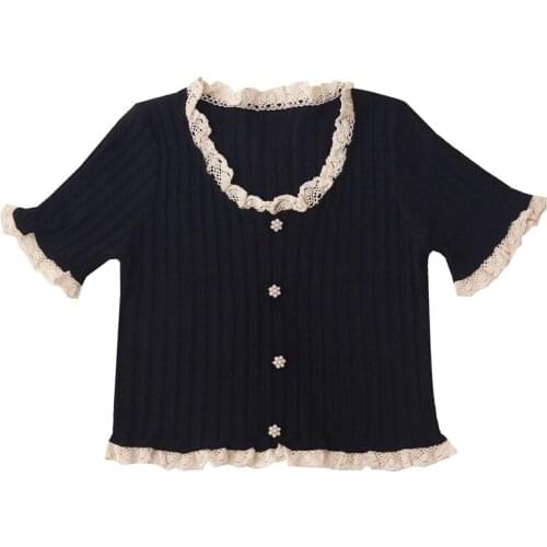 2021 Summer Fashion Chic Button Lace Patchwork Knitted Sweater Round Neck Short Tops T Shirt Casual Retro Knitwear Bottom Shirts