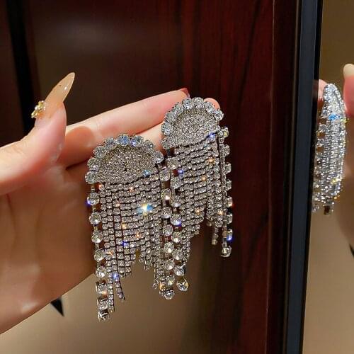 2021 new high-end luxury rhinestone long tassel dangling earrings fashion exaggerated female wedding banquet jewelry accessories