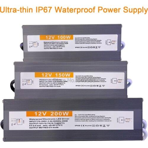 New Ultra-thin Slim Size IP67 Waterproof Power Supply IP67 AC to DC12V 24V Lighting Transformer 60W 80W 100W 120W 150W 200W
