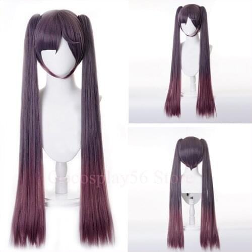 Genshin Impact Mona Cosplay Wig Gradient Purple 85cm Long Straight Ponytails Bangs Heat Resistant Hair Adult Halloween Role Play