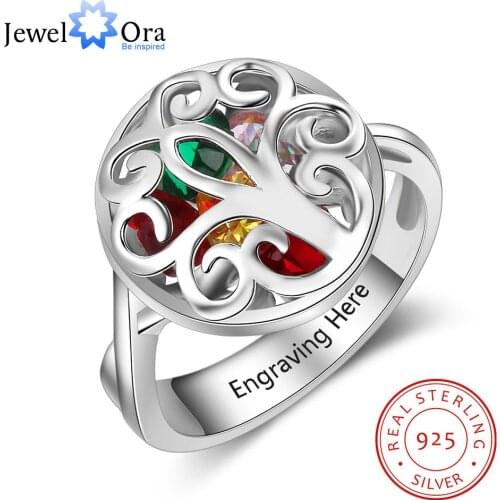 Personalized Gifts Floral Pattern Hollow With Birthstone Engrave Name 925 Sterling Silver Rings Women Jewelry(JewelOra RI103575)