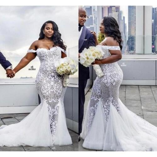 Luxury African Plus Size Wedding Dresses Mermaid 2021 Robe De Mariee Black Girl Lace Wedding Gowns Off The Shoulder Bride Dress