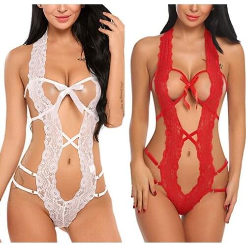 Sexy Women Onesies Pajamas Deep V Naughty Negligee Halter Lingerie Teddy Bodysuit Pure Lace Body Shapewear