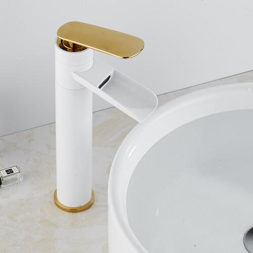 White/Black Gold Bathroom Basin Faucet Solid Brass Sink Mixer Hot & Cold Single Handle Deck Mounted Lavatory Waterfall Type Tap