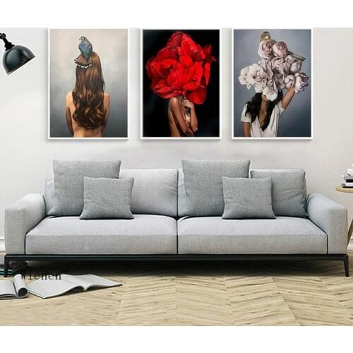 Modern Simple Flowers Feathers Woman Abstract Canvas Painting Wall Art Print Poster Picture for Living Room Home Decoration