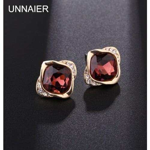 UNNAIER fashion personality popular red gray Square Semi-precious stones Earrings Female Rhinestone Ear jewelry