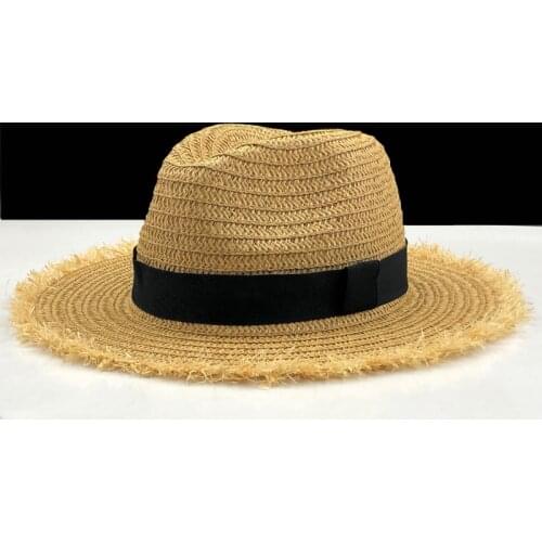 Women Natural Wide Brim Burr Raffia Straw Hats Fringe Women Plain Large Beach Summer Sun Caps Big Straw Cap chapeau 55-58cm