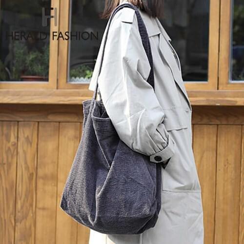Women Corduroy Shoulder Bag Canvas Cloth Fabric Handbag Solid Casual Tote Ladies Eco Shopping Bags College Students Books Bag