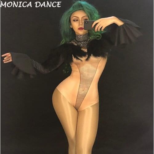 Women Sexy Stage Bodysuit Black Feather Sparkling Crystals Jumpsuit Nightclub Birthday Party Dancer Singer Stage Wear Costumes