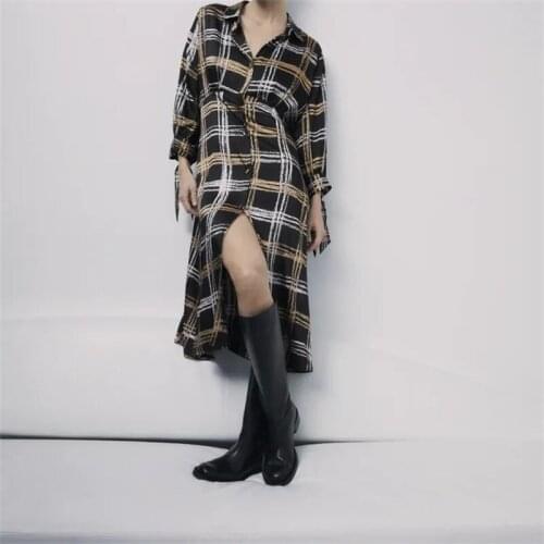 Women 2021 Fashion Single-breasted Cuffs Lace-up Plaid Shirt Dress Vintage Long Sleeve Female Dresses Vestidos Mujer