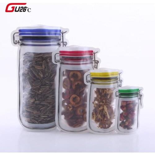 20pcs Reusable Cute Mason Jar Bottles Bags Nuts Candy Cookies Seal Fresh Food Snacks Storage Bag Zipper Sealed Kitchen Organizer