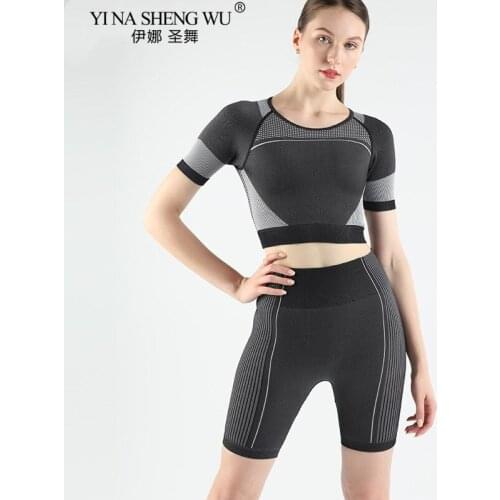 Seamless Women Vital Yoga Set Workout Shirts Sport Pants Gym Clothing Short Top High Waist Running Leggings Sports Shorts Set