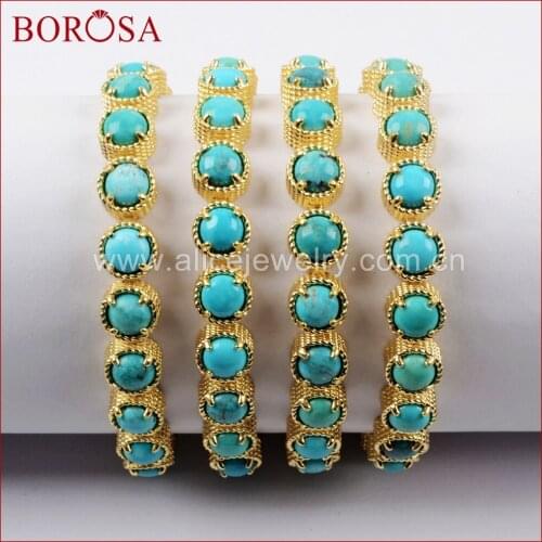 BOROSA 1piece Fashion Jewelry Gold Color Round Twenty-Stone Natural Turquoises Bracelet For Women ZG0338