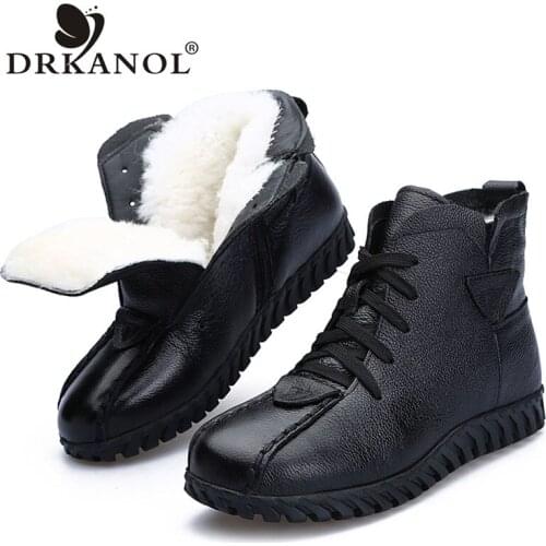 DRKANOL 2021 Women Snow Boots Winter Warm Shoes Genuine Leather Thick Wool Ankle Boots For Women Fur Flat Boots Female H8775