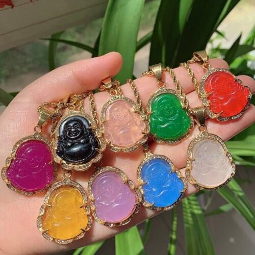 Buddha Necklace for Women Men Stainless Steel Colorful Chalcedony Jades Stone Maitreya Pendant Necklace Healing Jewelry Punk