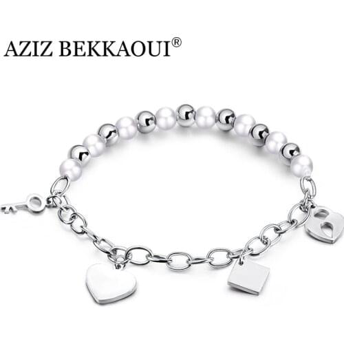 AZIZ BEKKAOUI Rose Gold Stainless Steel Link Chain Key Charm Bracelet for Women Sweet Heart Pendant Jewelry Gift