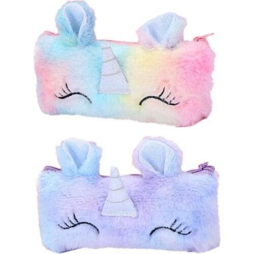 Cartoon Unicorn Pencil Case Plush Makeup Pouch Zipper Rainbow Fur Cosmetic Bag Girl Cute Travel Washing Case