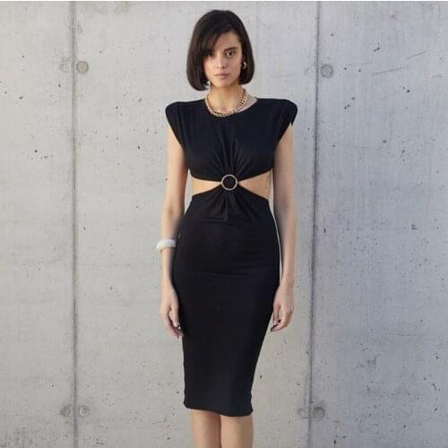 Black Sexy Sleeveless Metal Ring Casual Slim Hollow Out Backless Women Dress 2021 Summer Femme Nightclub Midi Party Robe BD2026