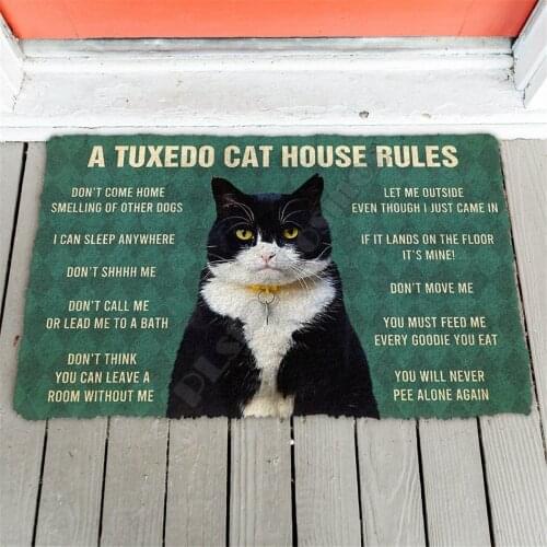 3D Printed House Rules Tuxedo Cat House Doormat Non Slip Door Floor Mats Decor Porch Doormat 02