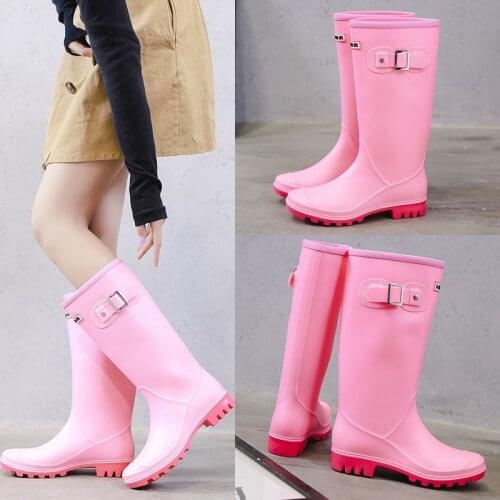 Nice Fashion Rainboots Women Knee-High Water Boots Buckle Long Tube High-grade Waterproof Shoes Womens Rubber PVC Rain Boots