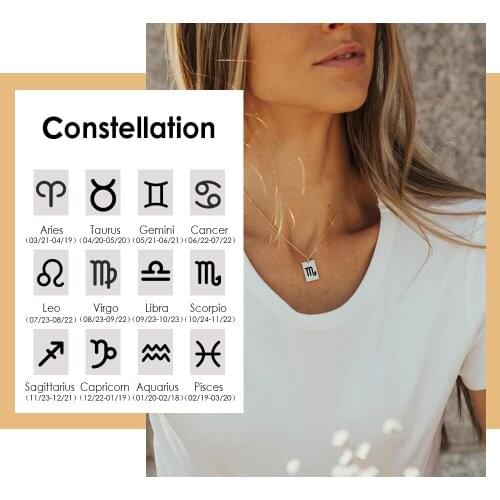 JUJIE Constellation Necklaces Zodiac Symbols Jewelry Libra Taurus Leo Gemini Square Pendant Gold Stainless Steel Necklace