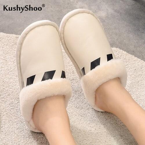 KushyShoo Slippers Women Winter Warm PU House Slippers Indoors Bedroom Non-slip Shoes Men Couple Slippers Fur Slides Woman