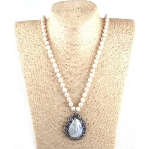 MOODPC Fashion 8mm Beige Stone Long Knotted Handmade Crystal Paved Pearl Shell Drop Pendant Necklaces Women Ethnic Necklace
