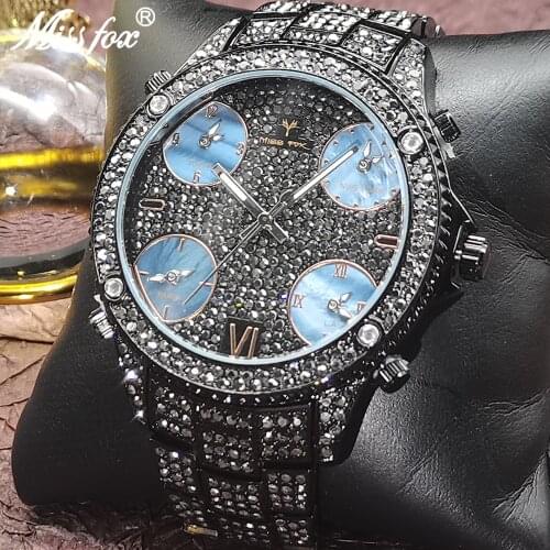 MISSFOX Big Round Dial Men Watch High-end Iced Out Full Black Gentleman Watches Stainless Steel Hip Hop Fashion Watch Man Clocks