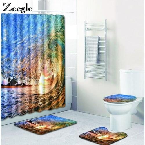 Zeegle Sea Bath Mat Set with Curtain Anti Slip Toilet Seat Cover Mat Flannel Absorbent Toilet Pedestal Rug Foot Mat Toilet Set