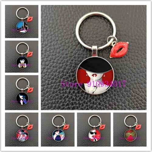 New fashion woman hat beautiful girl red lips pattern photo glass cabochon keychain jewelry gifts, gifts for women themselves