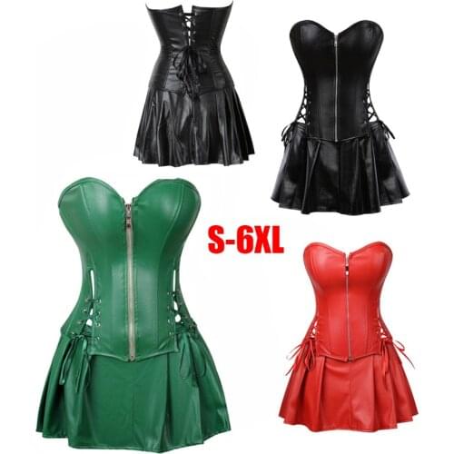 S-6XL Gothic Black Zipper PU Leather Corset Bustier Dress Set Overbust Sexy Lingerie Women Lace Corselet Tops Skirt Thong