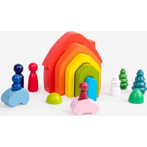 DIY Assembled Wooden Rainbow House Building Blocks Montessori Creative Early Education Models Kindergarten Supplies Toys For Kid