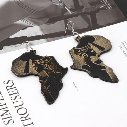 Natural Wood Africa Map Reggae Earrings Women Exaggerated Pendants Bib Jewelry