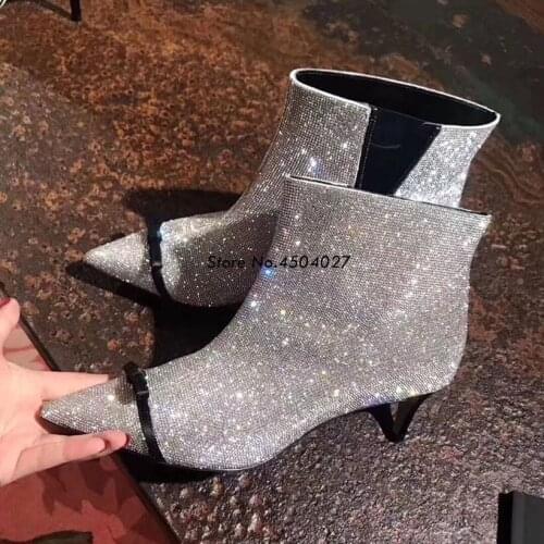 Bling Bling Women Ankle Pointed Toe Crystal Boots Rhinestone Zipper High Heels Shoes Zapatos Mujer 35-39