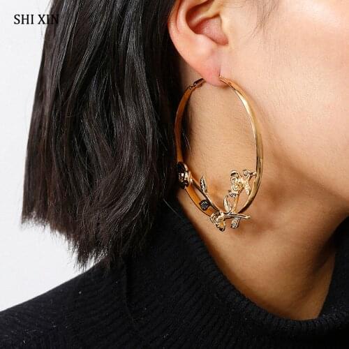 SHIXIN Large Flower Hoop Earrings for Women Fashion Gold/Silver Color Big Round Earrings 2021 Jewelry Circle Earrings Girls Gift
