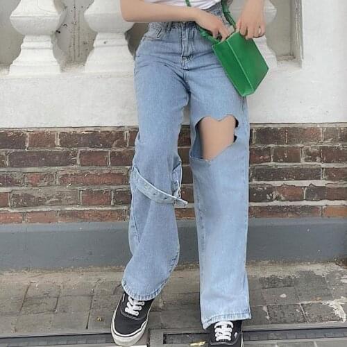 Shnsophi Korean Straight Jeans Women Summer 2021 New Y2k Design Love Hole Loose High Waist Femme Fashion Wide Leg Denim Pants