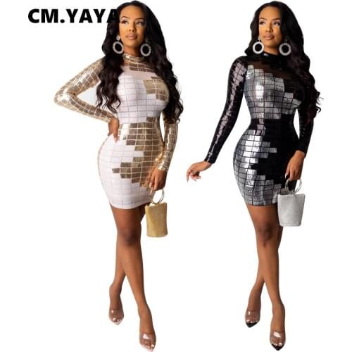 CM.YAYA Bling Bling Mini Dress Sequined Tight Sexy Night Club Party Dresses Full Sleeve Bodycon Women Summer Sheath Mesh White